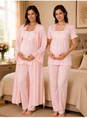 Effortt 7024 Pudra Fisto Dantelli Sabahlıklı Hamile Pijama Takımı